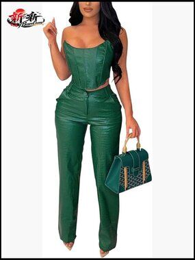 Faux Leather PU Two Piece Set Crop Top and Straight Leg Trousers